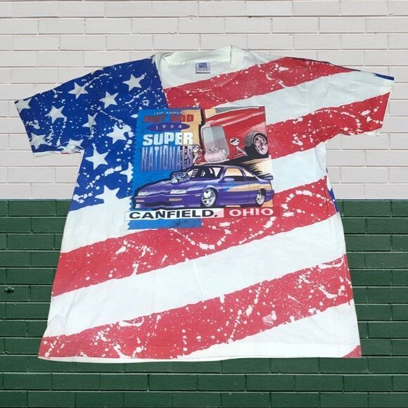 Vintage 90’s Hot Rod Super Nationals Canfield OH T Shirt XL US Flag All Over AOP - Picture 1 of 6